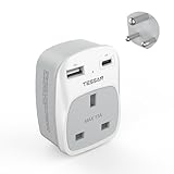 UK to India Plug Adapter, TESSAN Grounded Type D Travel Adapter with 2 USB Ports (1 USB C), India Travel Adapter for UK to Sri Lanka, Pakistan, Burma, Maldives, Iraq, Namibia, Nepal, Yemen, Zambia
