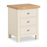 Farrow XL Cream Bedside Table Cabinet Units with Oak Top | Roseland Furniture Large Solid Wood Painted Side End Night Stands with 3 Drawer Storage for Bedroom, Bathroom of Office | Fully Assembled