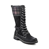 Pavers Lace Up Long Boots With Tartan Cuff - Black Size 5