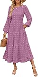 LLECDASEUI Women's Autumn Boho Midi Dress Swiss Dot Staggered Flowing Dress Long Sleeve Round Neck A-line Wedding Guest Dress, purple, L