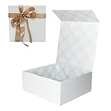 Tekhoho White Gift Box 22x22x10cm, Premium Present Box with Magnetic Lid and Ribbon for Holidays Wedding Birthday Gift Packaging, Plaid Lining
