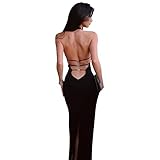 KOEMCY Women's Backless Dresses Halter Neck Sexy Sleeveless Long Dress Sexy Fish Tail Dress Bodycon Maxi Dress Club Party Prom Evening Dresses (Black, L)