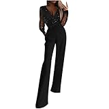 Arestory Women's Sequins Jumpsuit UK Clearance Mesh Playsuit Ladies V-Neck Jumpsuits Patchwork Overalls Mesh Long Sleeve Bodysuit with Pockets Workwear Bodycon Rompers Sexy Wide Leg Pants Catsuit