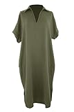 TEXTURE Ladies Women Italian Lagenlook Batwing Short Sleeve Collar V Neck 2 Pocket Tulip Cheesecloth Midi Dress One Size (UK, Alpha, One Size, Regular, Regular, Khaki)