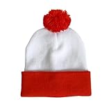 MEISH Red White Pom Pom Beanie Hat Red White Striped Cuff Beanie Hat Halloween Costume Party Accessory for Men Women