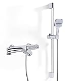 Ronvie Thermostatic Bath Shower Mixer Tap Set with 3-Spray Hand Shower, Chrome Bath Taps with Shower Attachment, Anti-Scald Safety System, 70cm Adjustable Rail (Deck Mounted, 38°C Temperature Control)