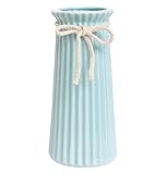 Blue Ceramic Ribbed Vases for Minimalist Modern Home Decor, Decorative Flowers Vase for Wedding Dinner Table Office Bedroom - 10 Inch / 25 CM