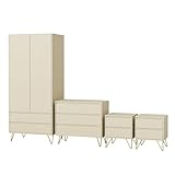 Nera Bedroom Furniture Set 4 Piece Wardrobe with Drawers Chest of Drawers Bedside Table Set with Metal Legs (Cream)