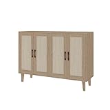 Panana Buffet Storage Cabinet with Rattan Decorating Living Room Wood Kitchen Sideboard Accent Cabinet (123(W) x 38(D) x 88(H) cm, Natural Wood)