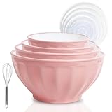 JCXivan Mixing Bowls with Lids Set,4 Piece Large Plastic Nesting Bowls,Includes 4 Microwave safe Mixing Bowl and An Egg Whisk for Kitchen Prepping,Baking,Cooking Food, Pink