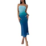 LIGHT DOT Women's Summer Dress Ombre Strapless Tube Gradient Bodycon Long Side Slit Mesh Layered, Blue, XL