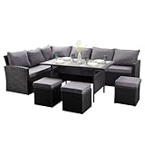 Nustone Luxury Corner Rattan Garden Furniture Dining Set - L Shaped Patio Seating for 8 People with Sofa, 3 Stools and Large Table in Black