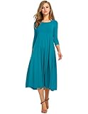 HOTOUCH Women Dress Elegant Tunicdress Round Neck Casual Dresses 3/4 Sleeve A Line Classic Mididress with Pockets JadeGreen M