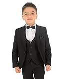 Boys Slim Fit Wedding Suits, Herringbone Textured Formal 8 Piece Complete Outfit Set, King Black Size Age 4 Years UK