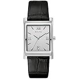 Bulova Men's Stainless Steel 3-Hand Calendar Date Quartz Watch with Black Leather Strap, Rectangle Dial Style: 96B107, Silver, Classic Quartz Silver-Tone Stainless Steel Strap
