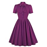Wellwits Women's Purple Button up Tie Neck 1950s Vintage Cocktail Dress M