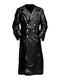 Aksah Fashion Men Black Genuine Cowhide Leather WW2 German Military Officer Trench Coat