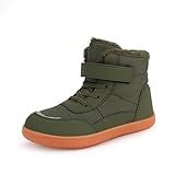 Kids Barefoot Winter Boots with Wide Toe Box Boys Girls Slip Resistant Waterproof Zero Drop Sole Minimalist Fur Warm Ankle Winter Snow Boots High Top Lightweight Breathable Walking Shoes Green