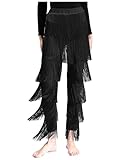 Raenseen Women Tiered Tassel Fringed Latin Dance Pants Trouser Samba Tango Performance Costume Black M