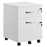 VASAGLE Lockable File Cabinet, Filing Pedestal with 2 Drawers, 5 Wheels, and Adjustable Hanging Rails, Textured Surface, for A4 and Letter Sized Papers, Home Office, White LCD22WV1