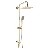 ENKI, Dune, RG083, Brushed Brass, Dual Rigid Riser Rail Kit with Ultra Slim Square Overhead Shower and Handset, for Exposed Installation, 1 Year Guarantee