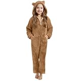 Saxrel Brown Girls Teddy Fleece Cute Ear Hooded Onesie Winter Warm Zipper Kids Onesie Sleepsuits One Piece Pyjamas Fleece Pjs Thickened Thermal Loungewear Fuzzy Nightwear 11 Years
