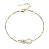 LOCIBLO October Birthstone Bracelets for Women 925 Sterling Silver Synthetic White Opal Bracelet Gold Plated Infinity Pendant Jewellery for Her, 6.7"+1.2"