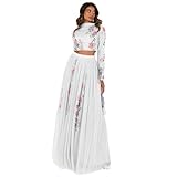 Maya Deluxe Indian Traditional Dress for Women Outfit Lengha Choli Lehenga Saree Skirt and Top Dupatta Coord Set for Wedding Guest Grey Embrioreded Flowers Size 10
