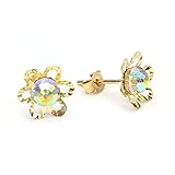 9ct Gold & Aurora Borealis Crystal Flower Stud Earrings/CZ/Studs/Earring