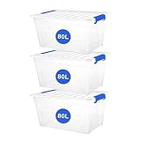 RelianceUK 3 X 80L Large Plastic Storage Box with Clip Lock Lid - Strong Stackable Storage Boxes 80 Litres - Home, Office, Kitchen, Storage Containers | Made in UK (80 Litre / 3 Pack)