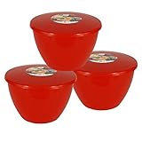 Just Pudding Basins Pack of 3 Red Plastic Basins With Lids - 1.5 Pint Medium Size Food Safe Steaming Bowls