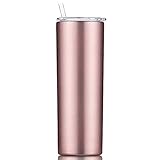 Gteller Double Wall 18/8 Stainless Steel Vacuum Slim Skinny Tumbler with Straw and lid, Insulated Travel Mug Keeping Beverage Cold and Warm (Rose Gold, 20oz)