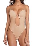 SHAPERIN Womens Backless Bodysuits Deep V Neck Shapewear Thong Bodysuit Push Up Bra Strapless Body Shaper Underwear for Party Wedding, Beige, L
