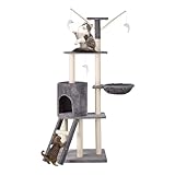 Milo & Misty Cat Tree – 146cm Play Cat Tower with Sisal Scratching Posts for Indoor Kittens, Multi Level House, Large Climbing Frame with House, Ladder and Hammock – Grey