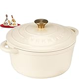 Overmont 26cm/5.2L Enamelled Cast Iron Round Casserole Pot With Lid Cookbook & Cotton Potholders - Non-stick Dutch Oven Cookware for Braising, Stews, Roasting, Bread Baking - Cream white, 5.5QT