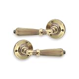 Infinity Decor Pair of Vintage Reeded Lever on Round Rose Aged Brass Finish Solid Brass Door Pull Handles Set – for Interior & Exterior Use