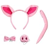 KSVFTB Pig Costume, Pink Pig Headband, Bow Tie, Tail & Nose, One Size Fits All Adults & Kids, Unisex, Halloween, Carnival, Masquerade, Cosplay, Valentine's Day