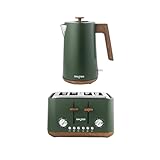 Salter Toronto Green Toaster & Kettle Set – 4-Slice 1630W Toaster with 6 Browning Levels & Wide Slots, 1.7L 3000W Rapid Boil Kettle with Limescale Filter, Auto Shut-Off & Wooden Accents
