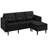 Yaheetech Fabric Sectional Sofa with Ottoman, L-shaped Sofa Couch with Side Pockets or Small Spaces, Reversible 3-Seater Chaise Lounge for Living Room, Home Office, Polyester Fabric, Black