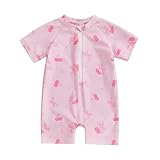 RUIWANBBY Baby Girl One Piece Swimming Costume Rash Guard Swimwear Short Sleeve Zipper Swimsuit Sun Protection Bathing Suit (Pink, 0-6 Months)