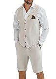 Tiefony Men's Linen 2 Piece Suit Slim Fit Wedding Groom Groomsmen Summer Vest Shorts Set, Off-White, L
