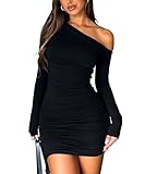 Navneet Women Off Shoulder Mini Dress Ruched Long Sleeve Bodycon Dress Sexy Cocktail Party Dresses Going Out Clubbing Elegant Black S