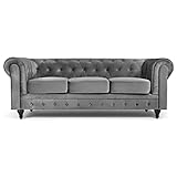 Bravich Velvet Chesterfield Sofa- Grey. 3 Seater Settee, Soft Plush Fabric Couch. Living Room Furniture, Easy Clean. 3 Seater- 209cm x 90cm x 78cm