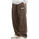 Corduroy Trousers Men Loose Fit Smart Casual Trouser Elasticated Waist Drawstring Pants Solid Colour Straight Leg Bottoms Spring and Winter Mens Lounge Wear with Pockets