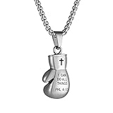HZMAN Boxing Glove Cross Pendant for Men, I CAN DO ALL THINGS Strength Bible Verse Stainless Steel Necklace Pendant 22+2" Chain