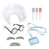 UILYNIU 7 Pieces Mad Scientist Costume Include Lab Wigs Nerd Glasses Mustaches Eyebrows Liquid Dropper Work Card, Frizzy White Scientist Lunatic Wigs Old Man Costume Fancy Dress for Adults Kids (7PCS)