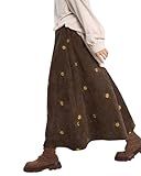 Womens Corduroy Floral Embroidery Long Skirts, Vintage Elastic High Waist A Line Corduroy Long Skirt with Pockets (Coffee,XXL)