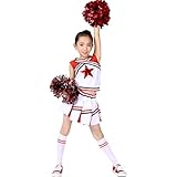 LOLANTA Girls' Cheerleading Costumes with Pompoms and Socks, Kids Halloween Fancy Dress Up, Cheerleader Outfit, Red, 8-9 Years, 140