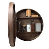 MollyYou 50cm Round Bathroom Mirror Cabinet, Brown Wooden Finish, 2-Shelf, Wall Mounted, Rustic Style