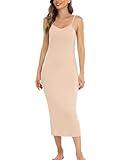 Vlazom Women's Nightdresses, Long Slip Dress for Ladies Soft Full Slip Petticoat Spaghetti Strap Chemises V Neck Nightgown Nude,M